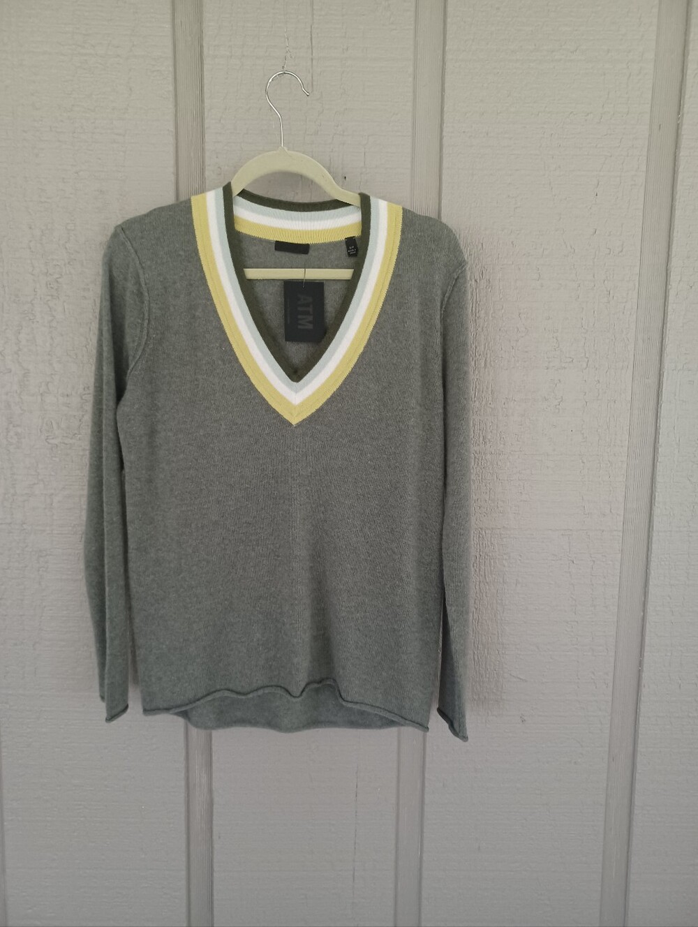 ATM Cashmere V Neck Varsity Striped Sweater Size S Women's Long Sleeve Pullover